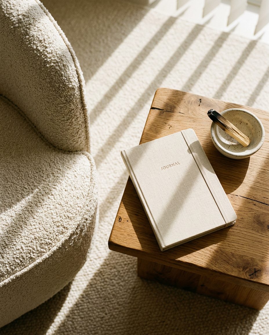 Journal and ceramic dish on a wood table in morning light