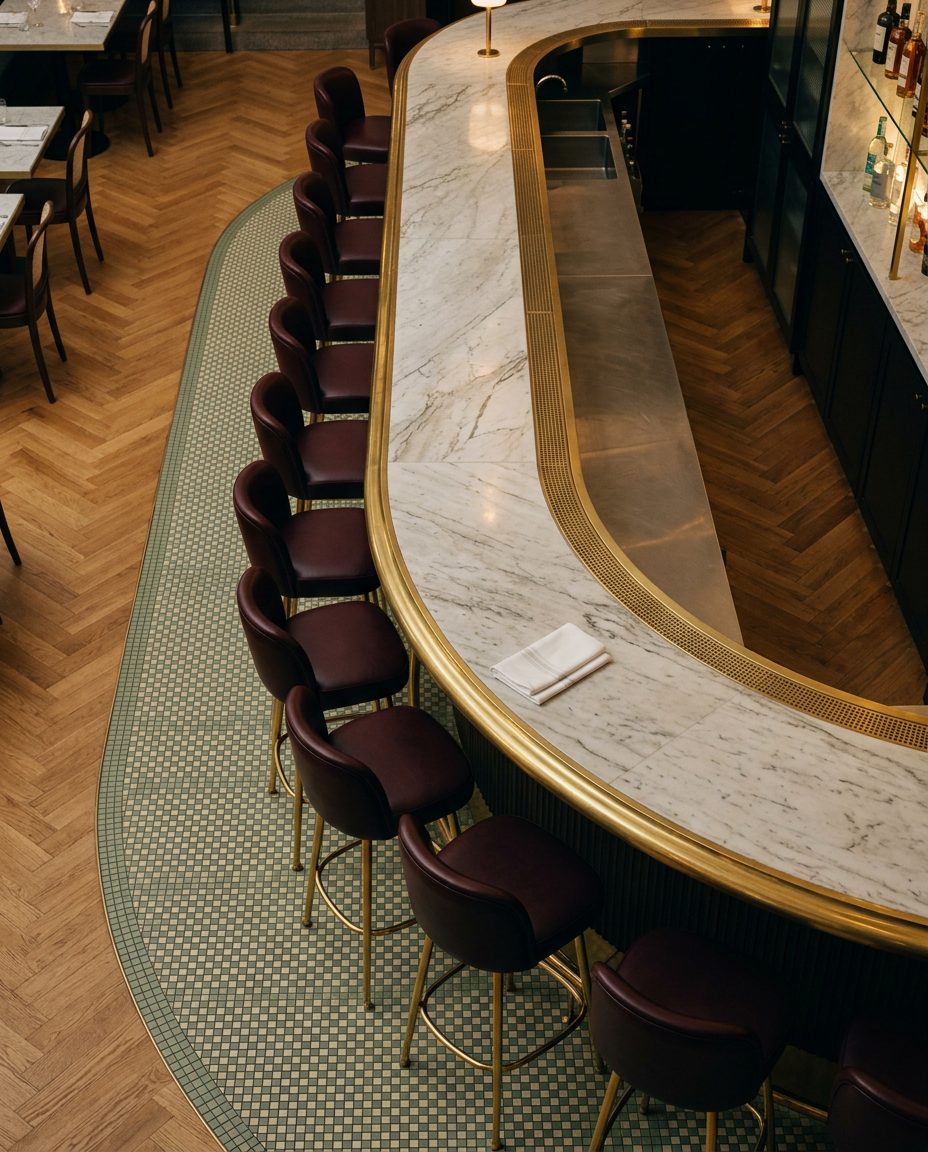 Marble and brass bar in a restaurant dining room